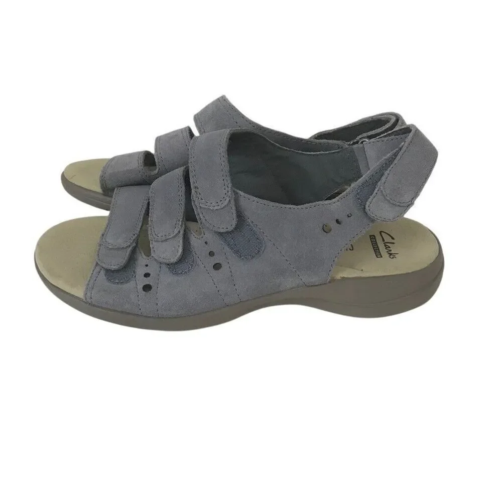Clarks Soft Cushion Women's Size 8 Blue Suede Strappy Shoes Sandals Saylie New